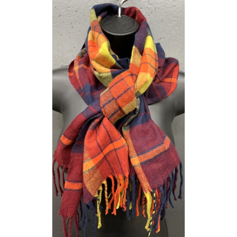 Lands End Scarf Wrap Shawl Multicolor Plaid Fringe Soft Preppy Cottage Lagenlook